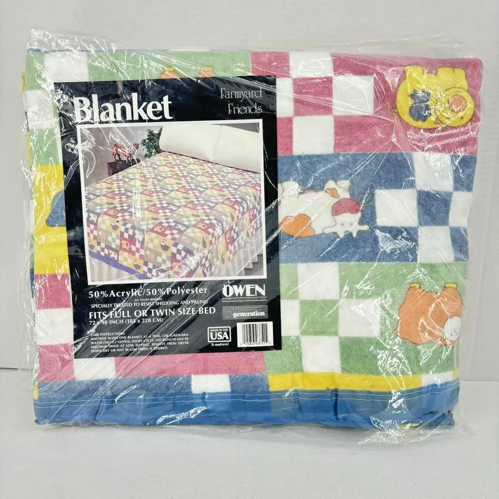 Vintage Owen Blanket Full Twin Sz‎ Farmyard Friends 72 x 90 Sealed Nylon Binding